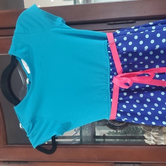 Rare Editions Dress Girls 7/8 green with blue bottom and white polka dots - Picture 2 of 7